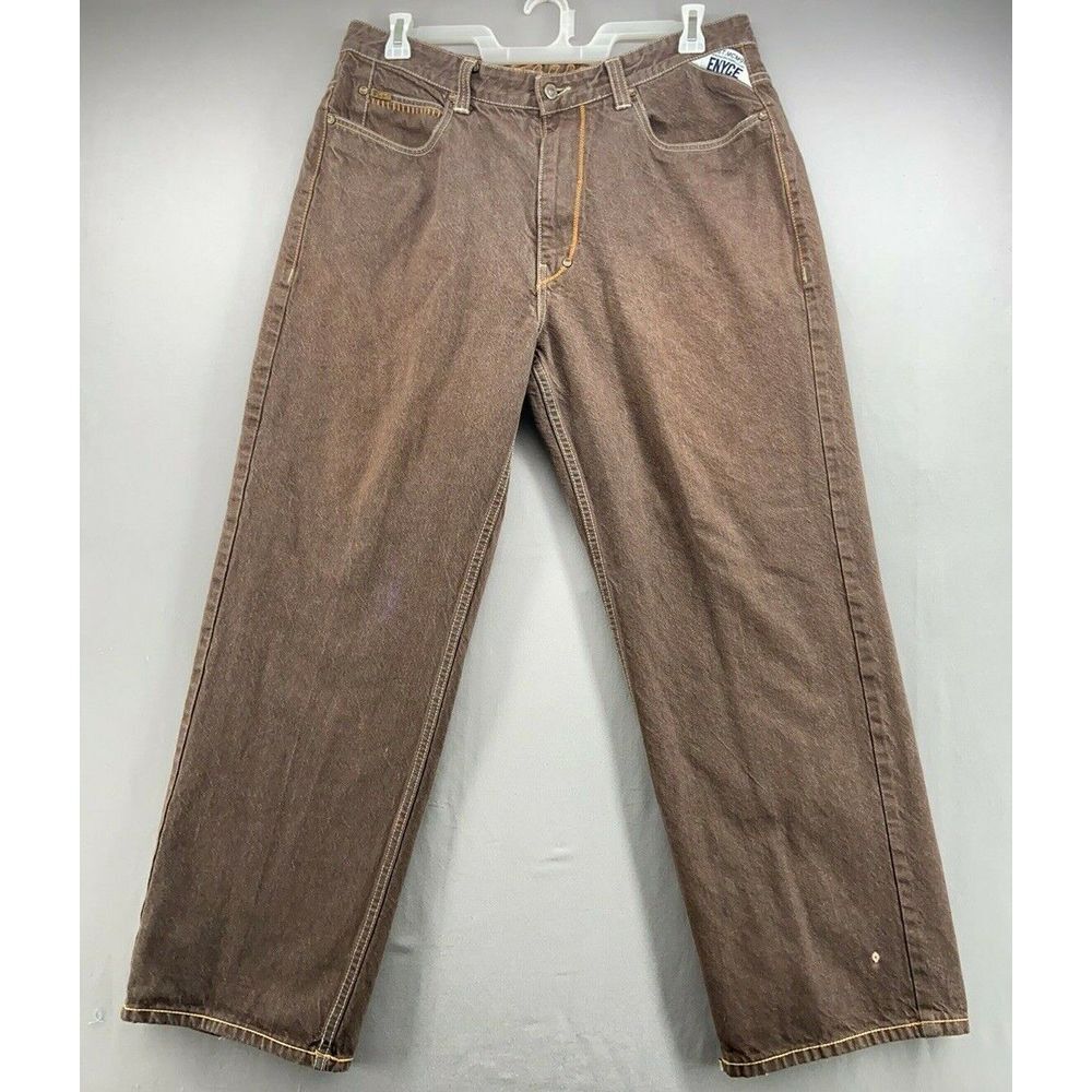 Enyce Jeans Men's‎ Size 38x32 Brown Distressed Straight Leg Stitch Designs Denim